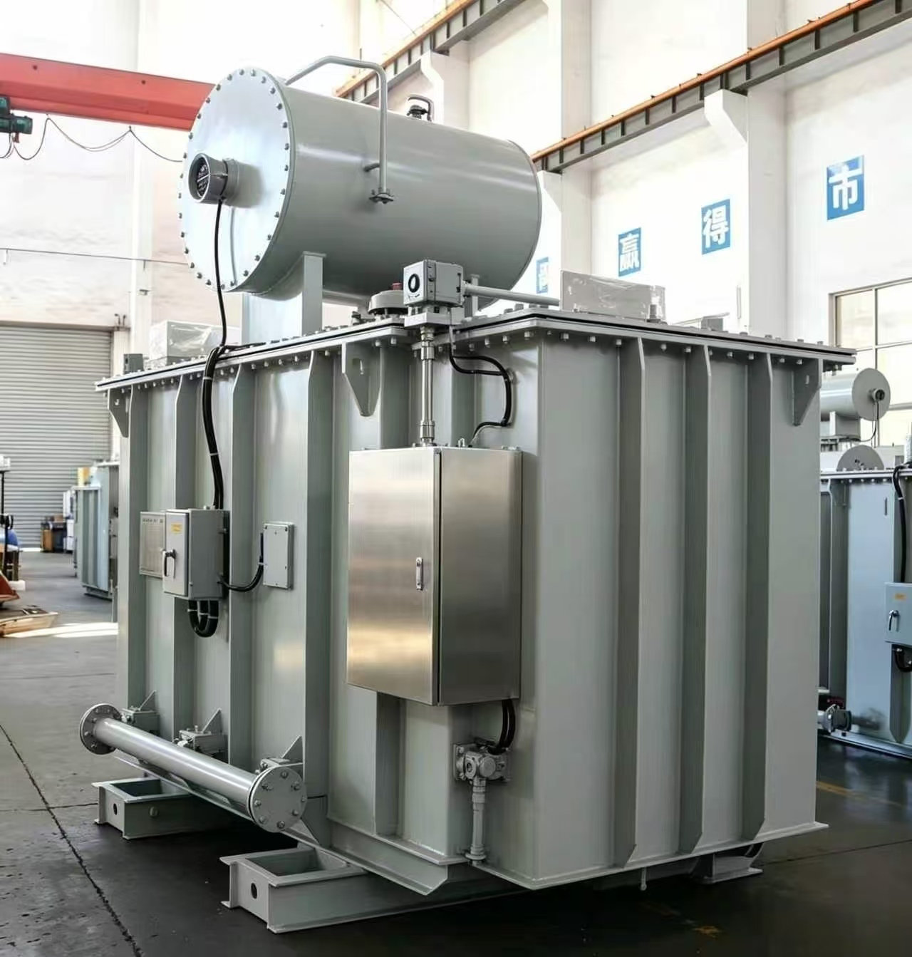 Cutaway view of oil-immersed magnetic voltage regulator components