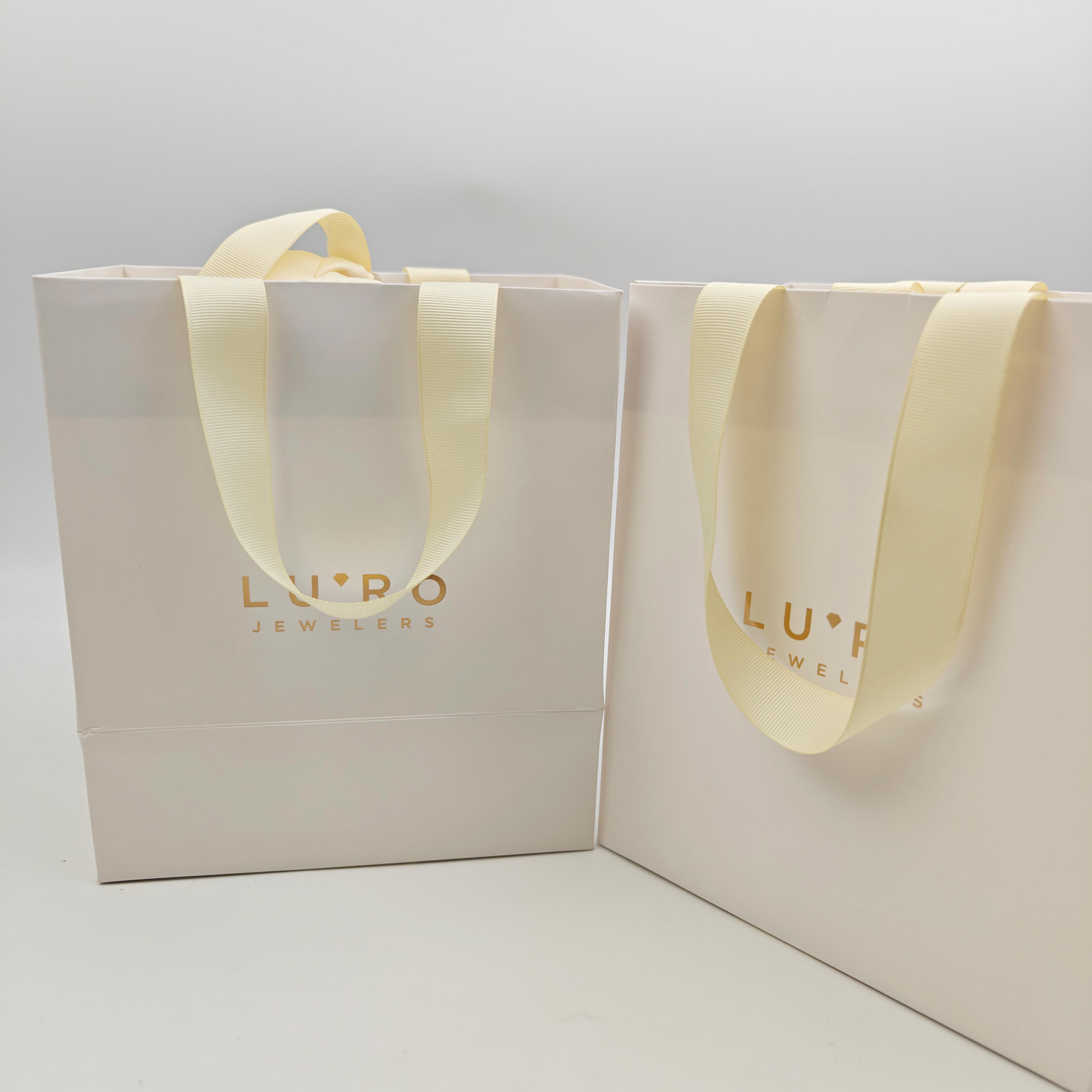 Recycled White Matte Jewelry Gift Bags with Gold Foil Logo