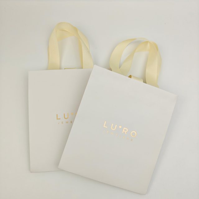 Recycled White Matte Jewelry Gift Bags with Gold Foil Logo