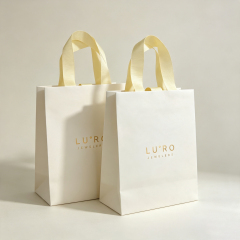 Recycled White Matte Jewelry Gift Bags with Gold Foil Logo