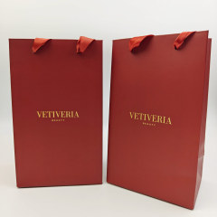 Custom Logo Matte Paper Gift Bags Ribbon Handles & Luxury Red Paperboard