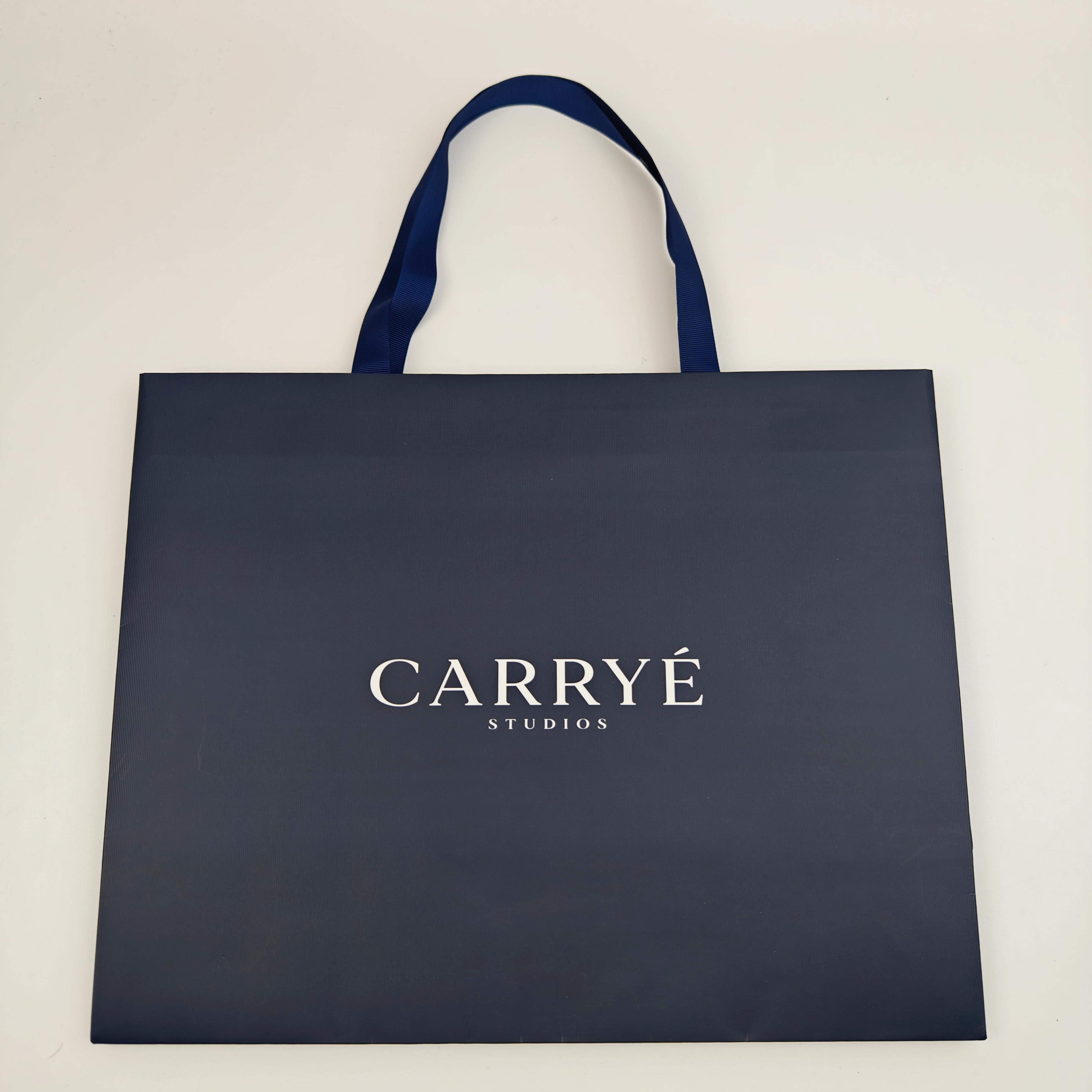 Custom Printed Textured Paper Gift Bags with Ribbon Handles For Retail