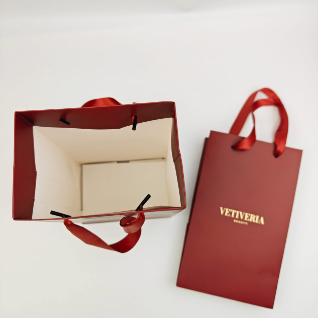 Custom Logo Matte Paper Gift Bags Ribbon Handles & Luxury Red Paperboard