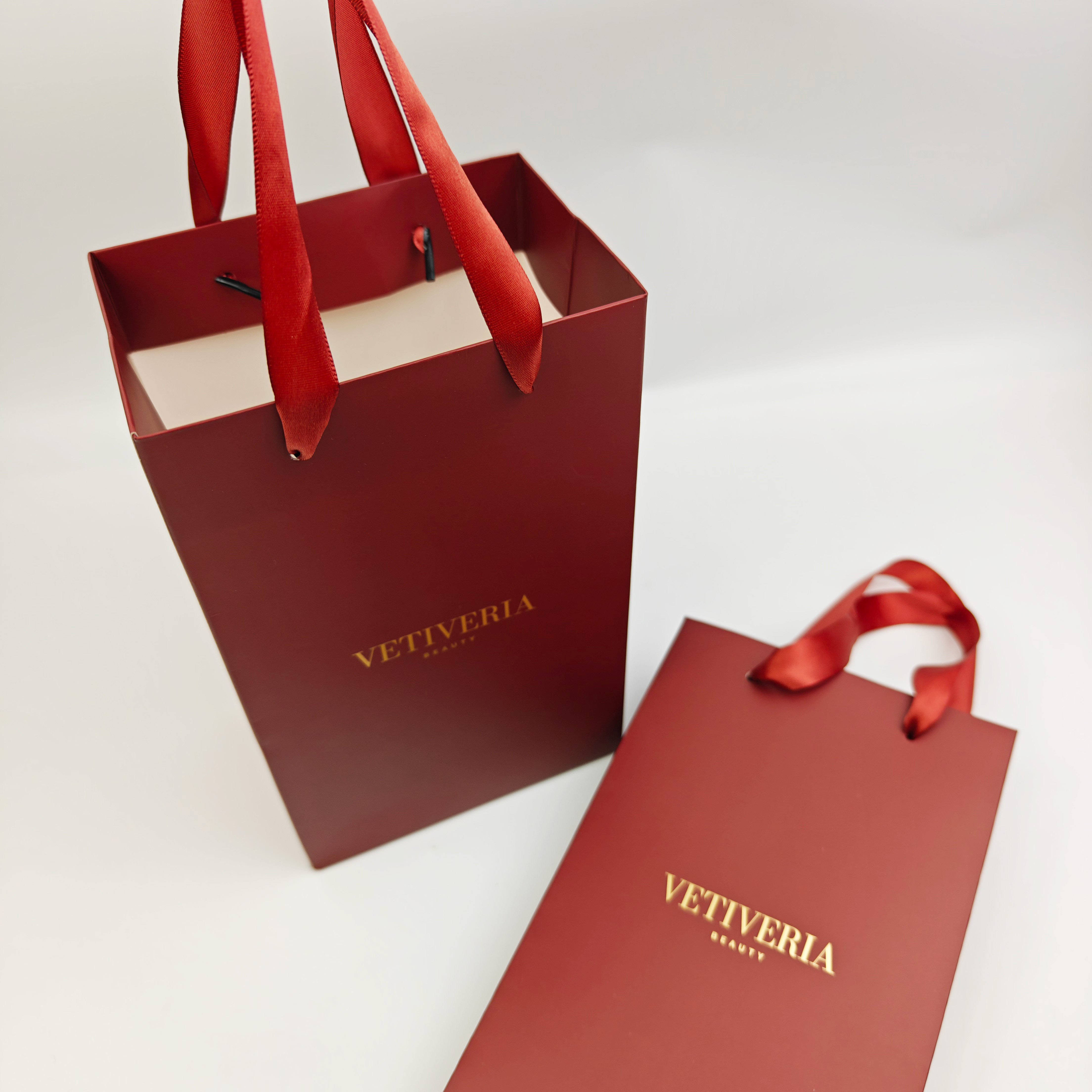Custom Logo Matte Paper Gift Bags Ribbon Handles & Luxury Red Paperboard