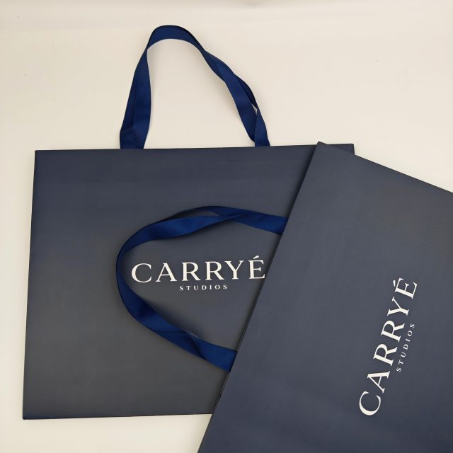 Custom Printed Textured Paper Gift Bags with Ribbon Handles For Retail
