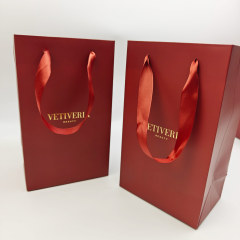 Custom Logo Matte Paper Gift Bags Ribbon Handles & Luxury Red Paperboard