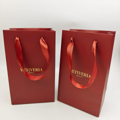 Custom Logo Matte Paper Gift Bags Ribbon Handles & Luxury Red Paperboard