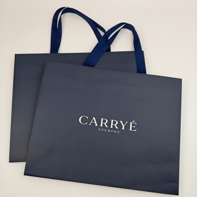 Custom Printed Textured Paper Gift Bags with Ribbon Handles For Retail