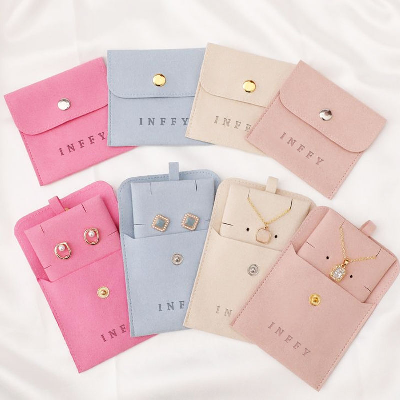 Custom Logo Jewelry Packaging Pouches Eco-Friendly Velvet Suede with Recyclable Pad & Snap Button