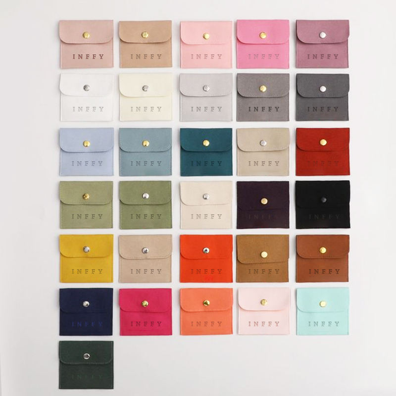 Custom Logo Jewelry Packaging Pouches Eco-Friendly Velvet Suede with Recyclable Pad & Snap Button
