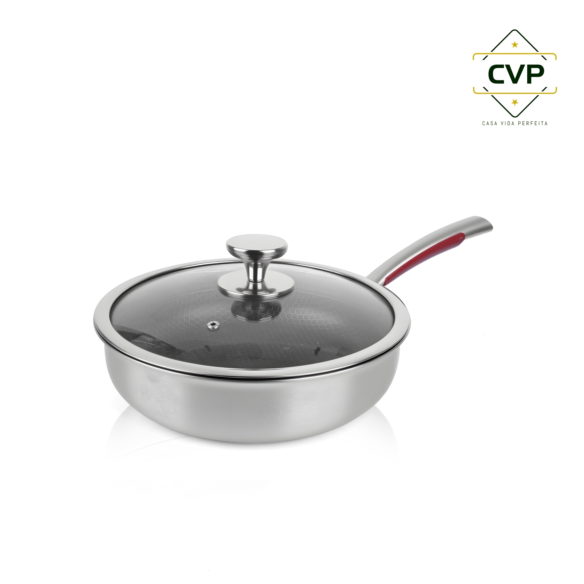 30cm Red Handle Glass Lid Single-Side Frying Pan