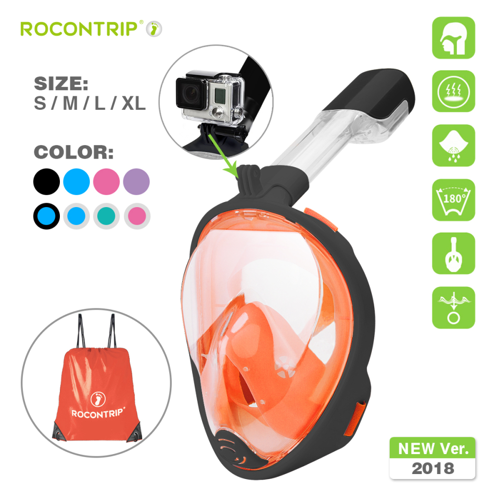 ROCONTRIP Snorkel Mask Full Face, Panoramic 180°View Design, Anti-Fogging Anti-Leak with Adjustable Head Straps with Longer Snorkeling Tube for Man Wo