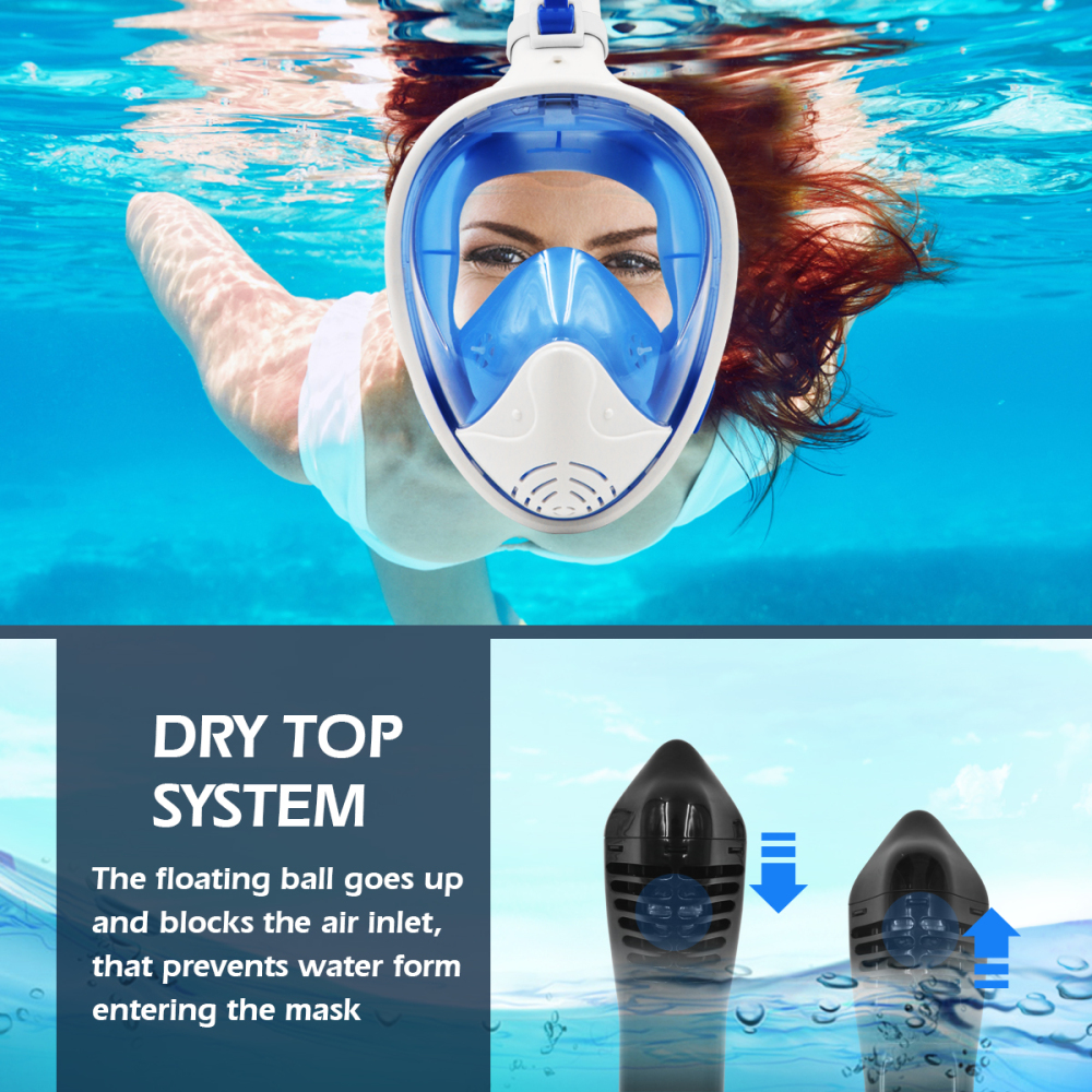 ROCONTRIP New foldable Snorkel Mask Full Face, Panoramic 180°View Design, Anti-Fogging Anti-Leak with Adjustable Head Straps with Longer Snorkeling Tu