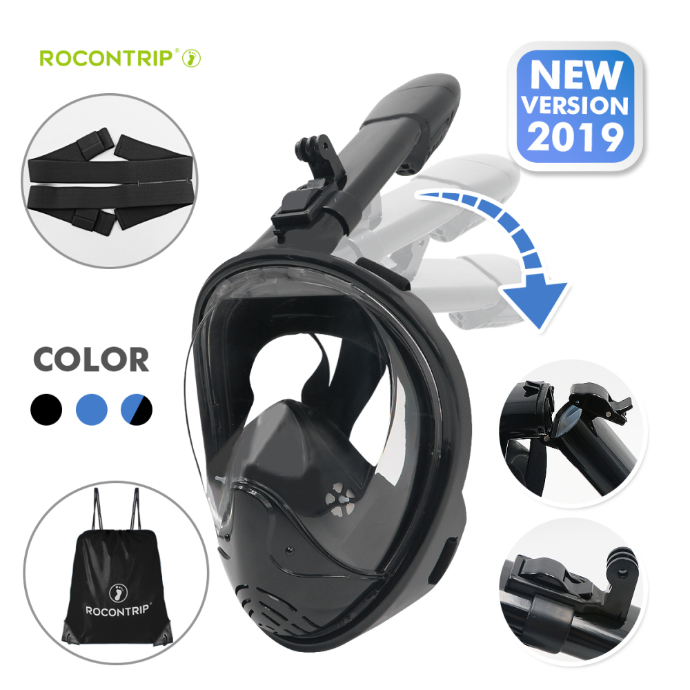 ROCONTRIP New foldable Snorkel Mask Full Face, Panoramic 180°View Design, Anti-Fogging Anti-Leak with Adjustable Head Straps with Longer Snorkeling Tu