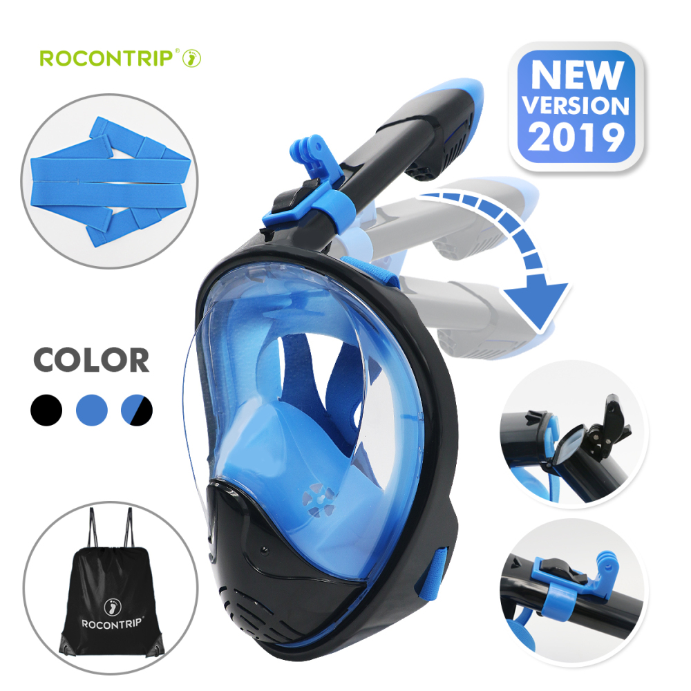 ROCONTRIP New foldable Snorkel Mask Full Face, Panoramic 180°View Design, Anti-Fogging Anti-Leak with Adjustable Head Straps with Longer Snorkeling Tu