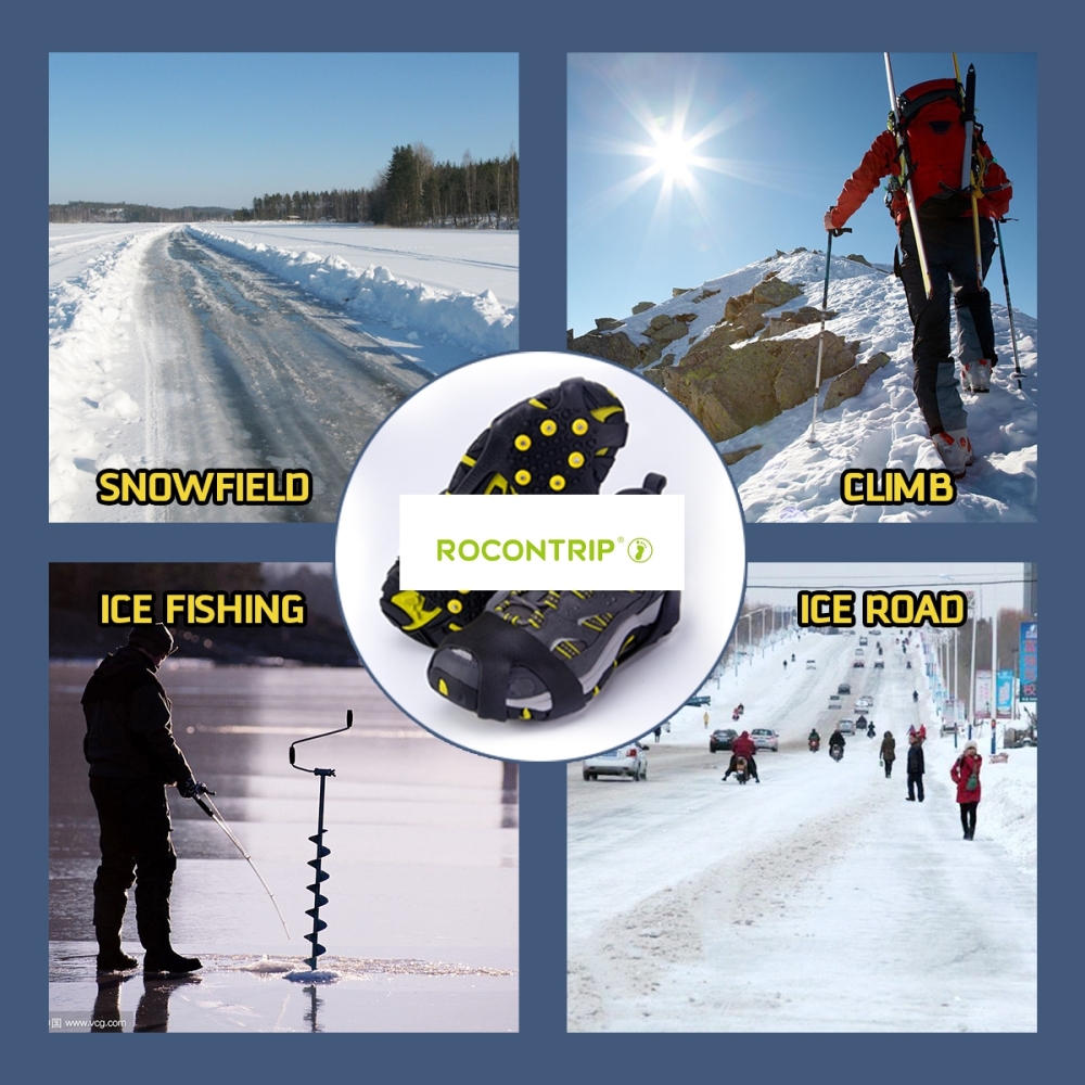 Rocontrip Ice Snow Grips Shoe Boot Traction Cleat Rubber Spikes Anti Slip 10-Stud Crampons
