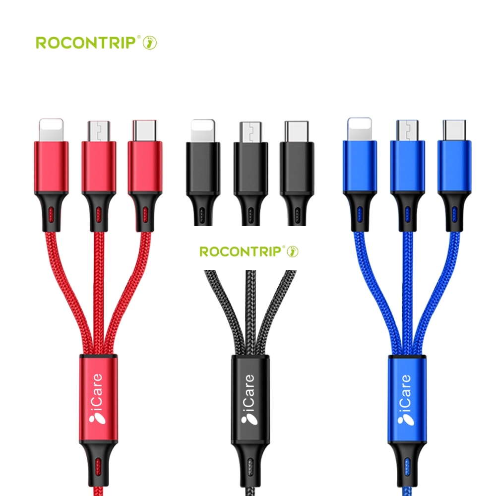 Rocontrip Multi Cable Charger, 1.2m Multiple USB 3 in 1 Nylon Braided Quick Fast Charging Sync Cable Cord Compatible iPhone X, iPhone 8/7 Plus, iPhone