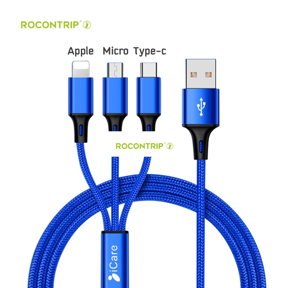 Rocontrip Multi Cable Charger, 1.2m Multiple USB 3 in 1 Nylon Braided Quick Fast Charging Sync Cable Cord Compatible iPhone X, iPhone 8/7 Plus, iPhone