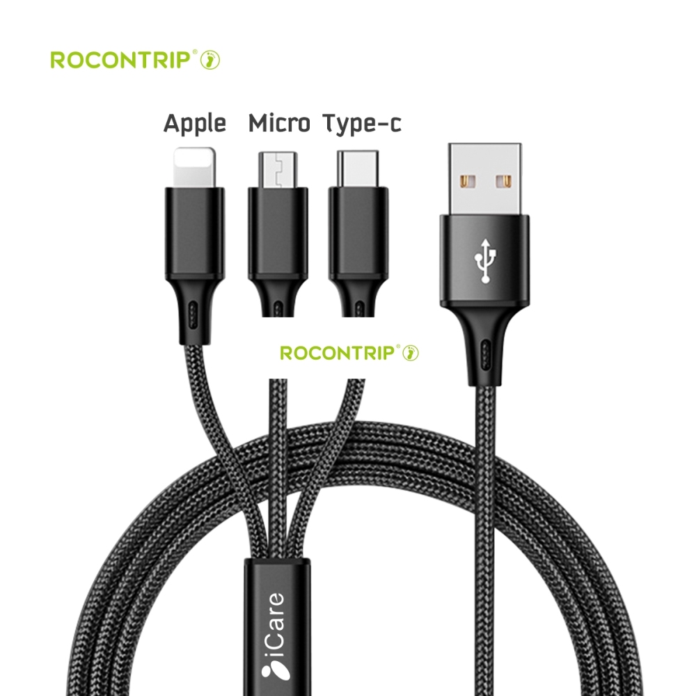 Rocontrip Multi Cable Charger, 1.2m Multiple USB 3 in 1 Nylon Braided Quick Fast Charging Sync Cable Cord Compatible iPhone X, iPhone 8/7 Plus, iPhone