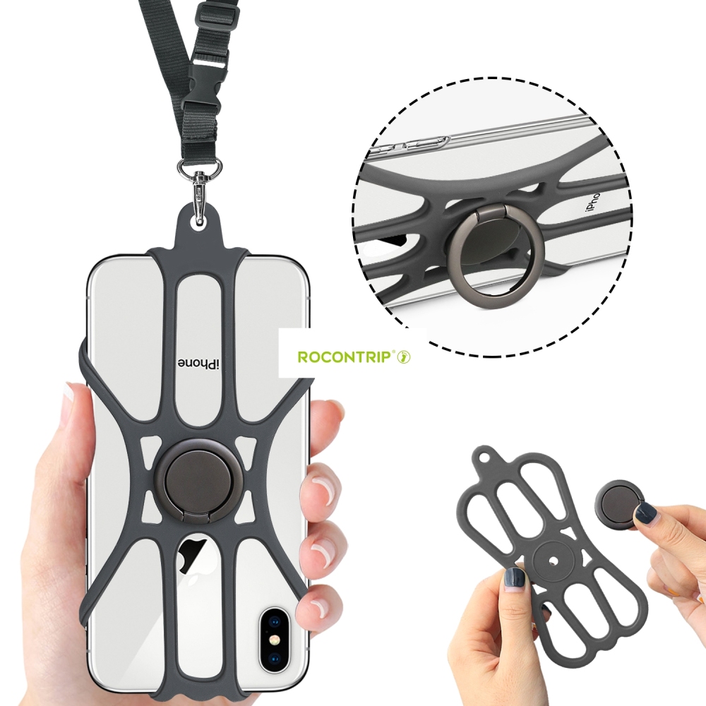 ROCONTRIP Phone Lanyard Silicone Case Cell Phone Lanyard Strap with Adjustable Neck Strap and Finger Ring Stand for 4.7-6.5 inch Smartphone Universal