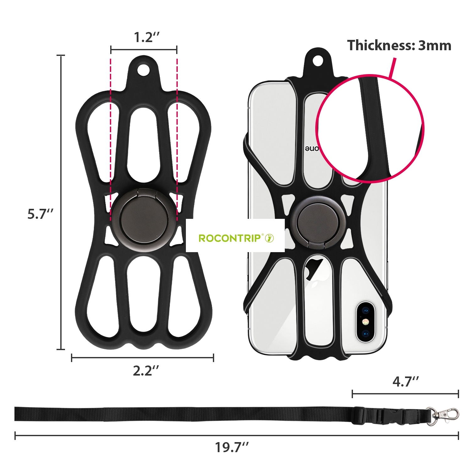 ROCONTRIP Phone Lanyard Silicone Case Cell Phone Lanyard Strap with Adjustable Neck Strap and Finger Ring Stand for 4.7-6.5 inch Smartphone Universal