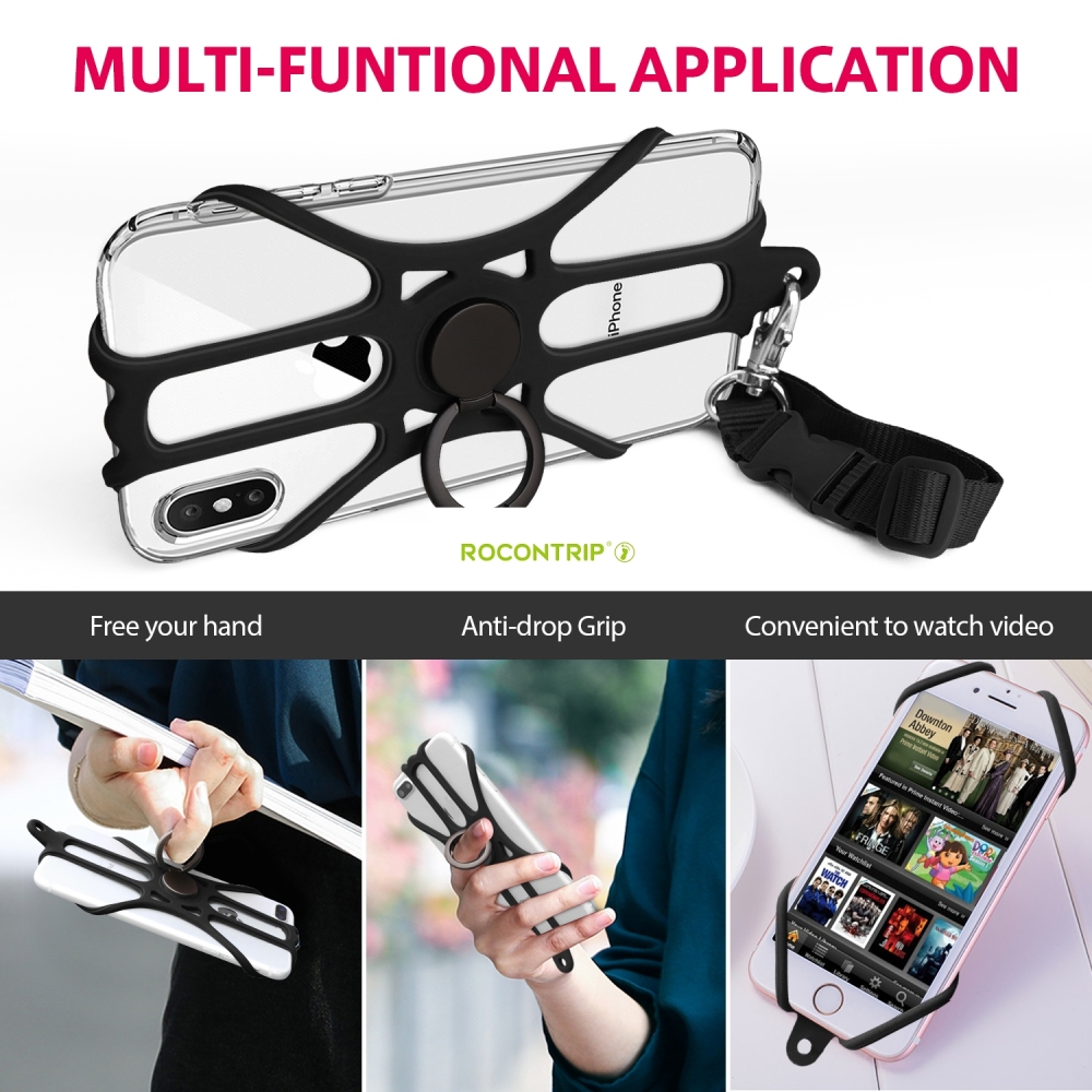 ROCONTRIP Phone Lanyard Silicone Case Cell Phone Lanyard Strap with Adjustable Neck Strap and Finger Ring Stand for 4.7-6.5 inch Smartphone Universal