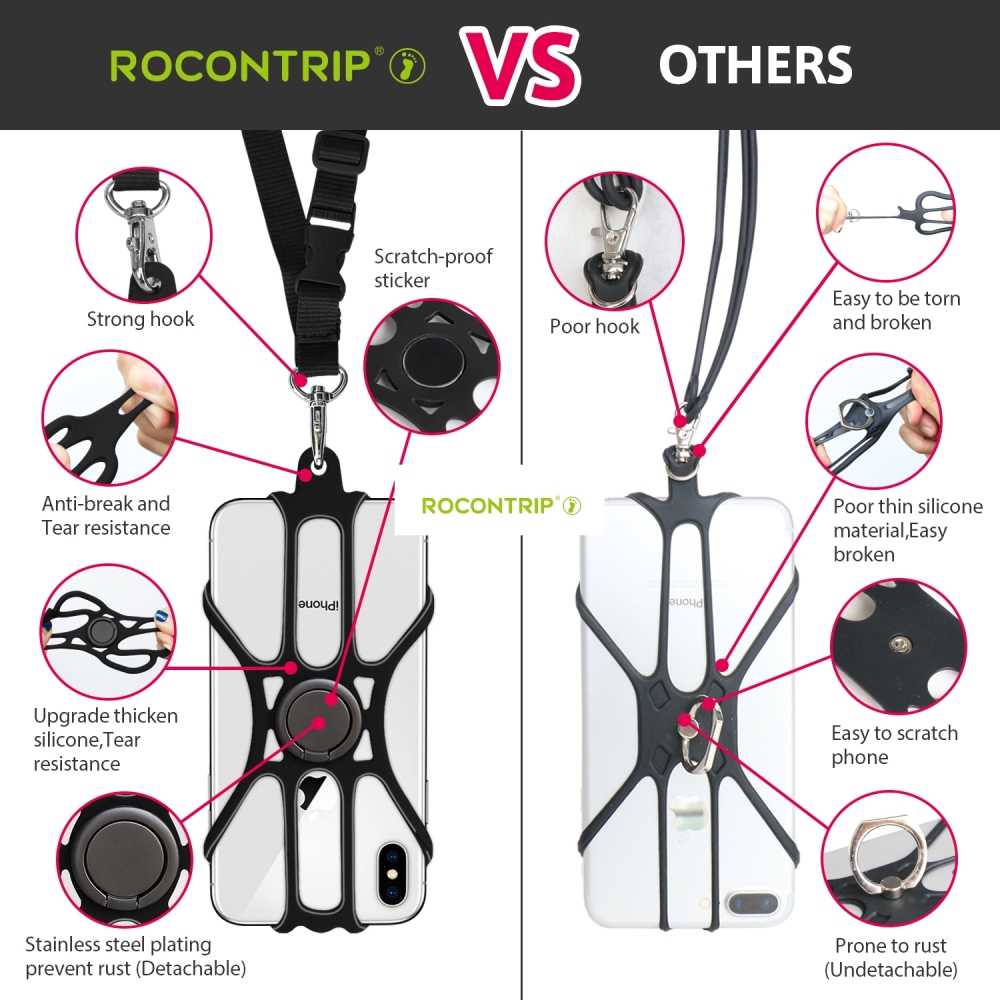 ROCONTRIP Phone Lanyard Silicone Case Cell Phone Lanyard Strap with Adjustable Neck Strap and Finger Ring Stand for 4.7-6.5 inch Smartphone Universal