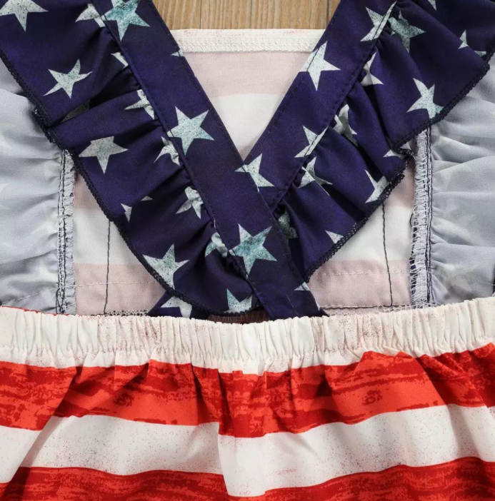 July 4th Baby Girl Ruffled Single Piece American Flag Printed Bow Beach Swimwear Swimsuit Rash Guard