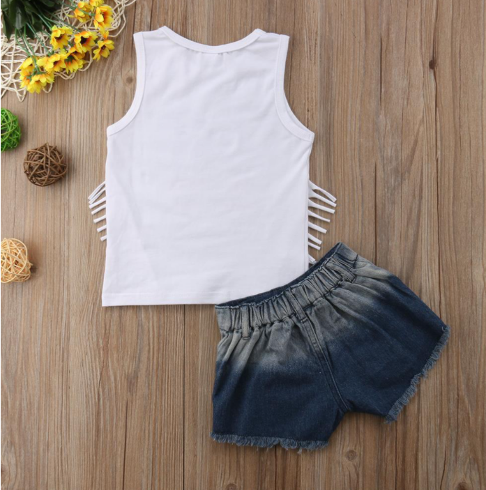 Kid Girl Summer Clothes Strap Off Shoulder Top Denim Short Pants Independence Day Outfit