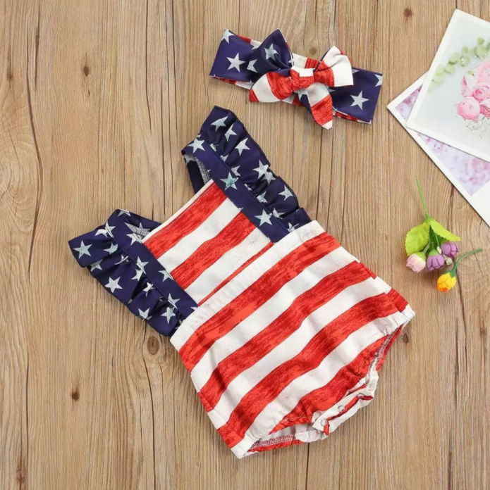 July 4th Baby Girl Ruffled Single Piece American Flag Printed Bow Beach Swimwear Swimsuit Rash Guard