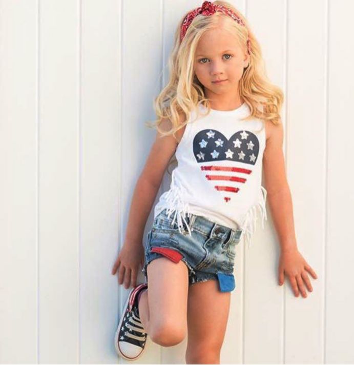 Kid Girl Summer Clothes Strap Off Shoulder Top Denim Short Pants Independence Day Outfit