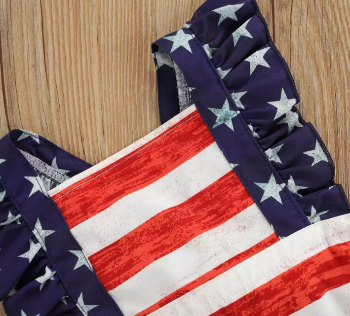 July 4th Baby Girl Ruffled Single Piece American Flag Printed Bow Beach Swimwear Swimsuit Rash Guard