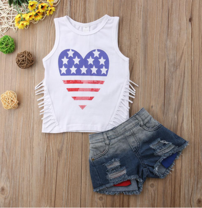 Kid Girl Summer Clothes Strap Off Shoulder Top Denim Short Pants Independence Day Outfit