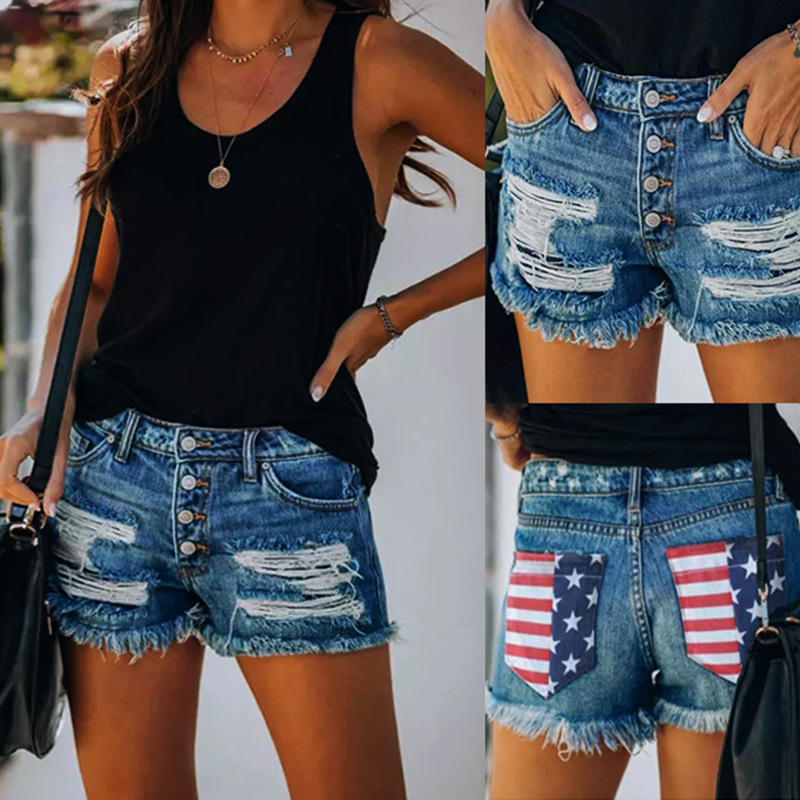 Women American Flag 4th of July High Waisted Denim Jean Shorts