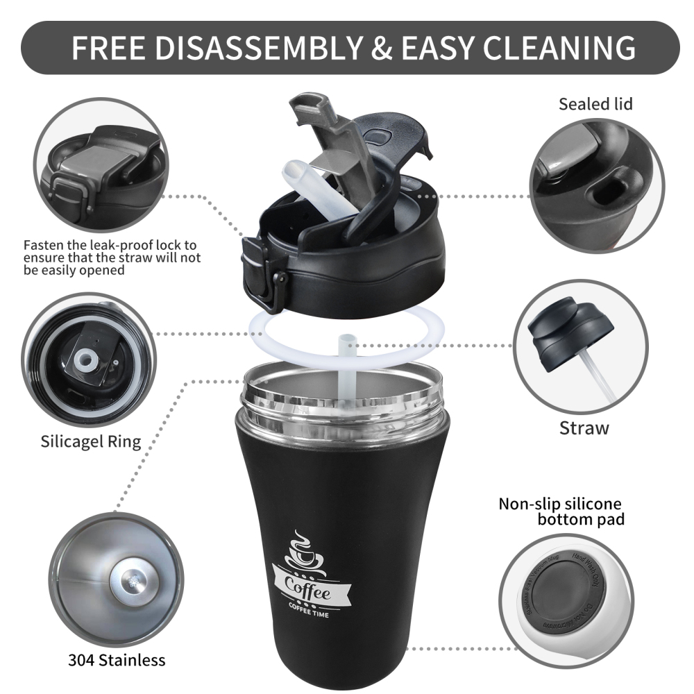 Black Tumbler Double Wall Vacuum Insulated Coffee Travel Mug Stainless Steel Tumbler Bulk with Lid and Straw Powder Coated Insulated Coffee Cup for Co