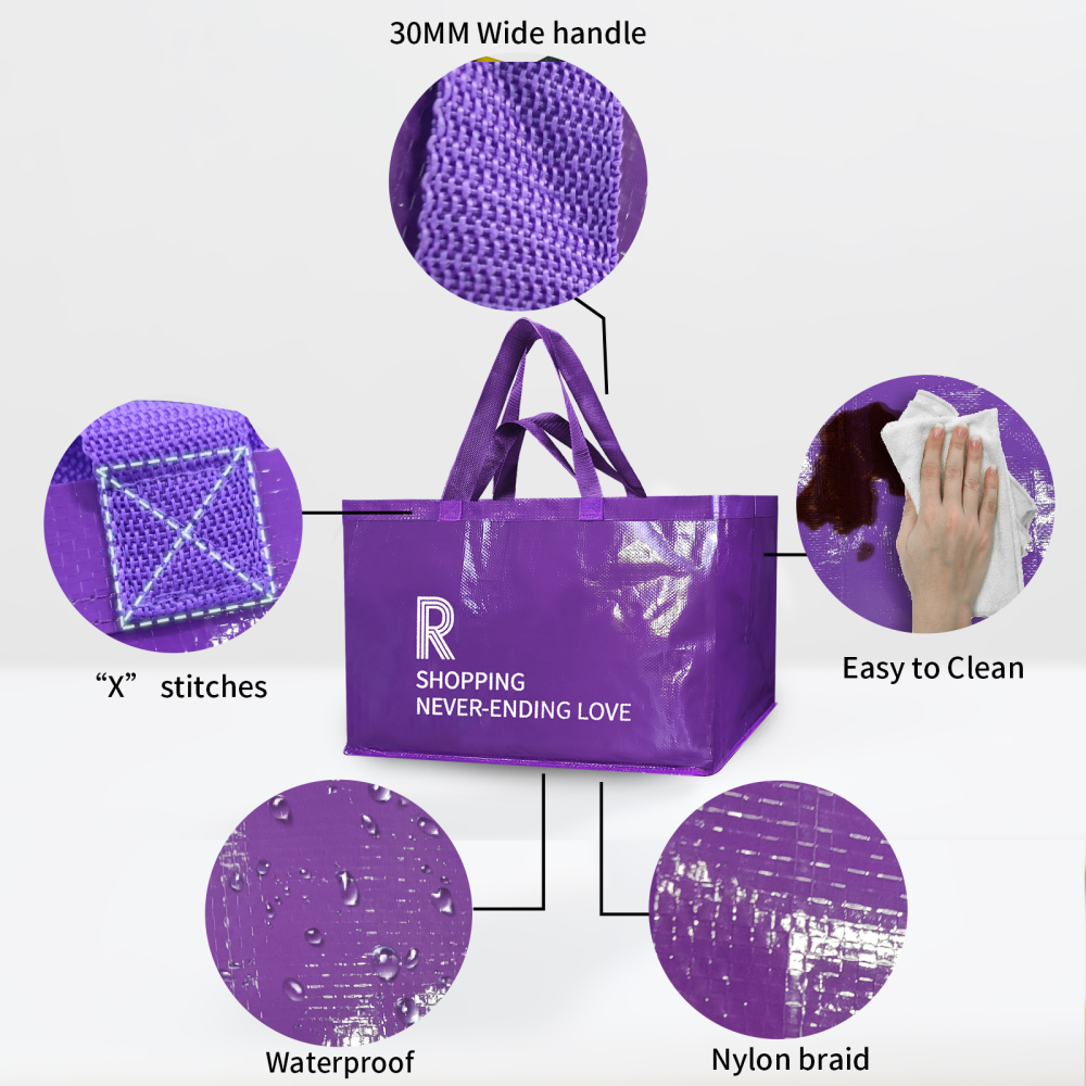 Reusable Grocery Shopping Box Bags (2 Pack - Purple+Gray). Large, Premium Quality Heavy Duty Tote Bag Set with Reinforced Bottom. Foldable, Collapsibl