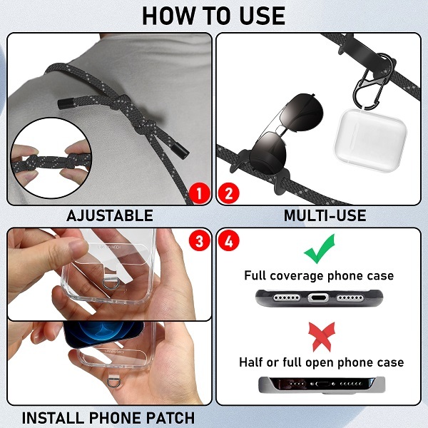 UKON Cell Phone Lanyard Crossbody Phone Strap,Adjustable Soft Nylon Phone Neck Strap With 2pcs Transparent TPU Patchs 8mm mobile phone lanyard Compati