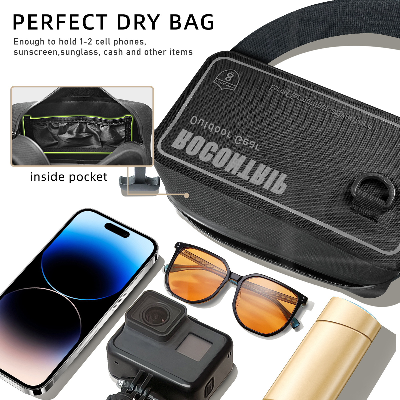 100% Waterproof Dry Bag, Dry Waist Pack Sling Bag with Adjustable Strap Airtight Zipper Closure Lightweight Crossbody Dry Bag for Swimming,Snorkelling and Kayaking