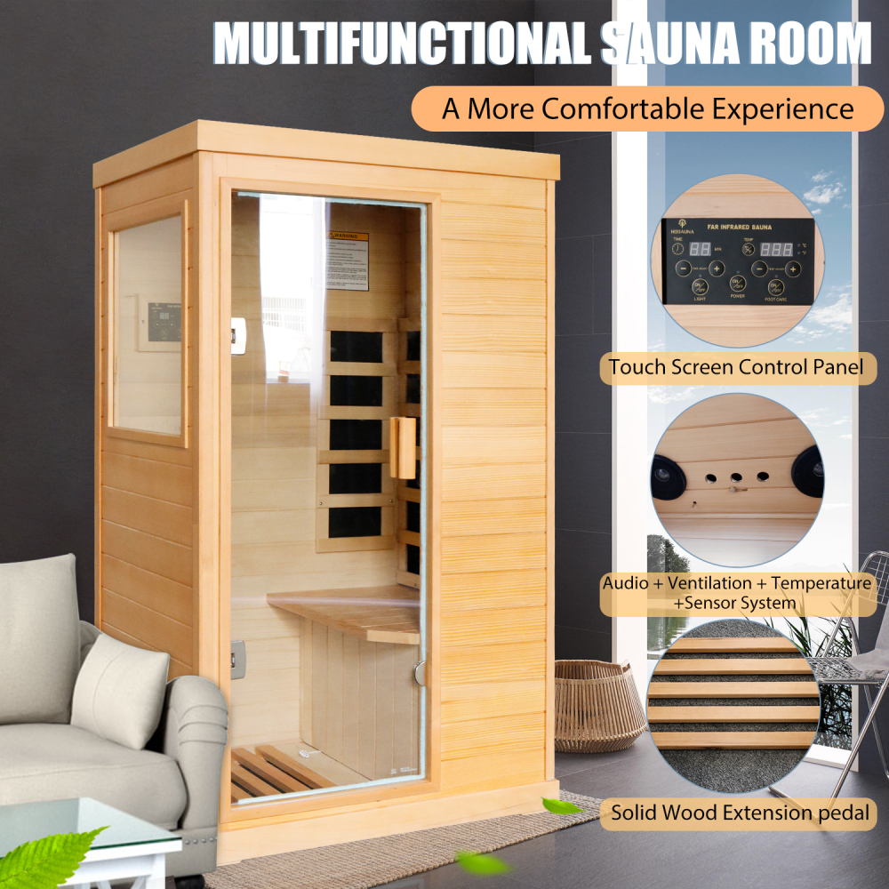 AVAXA 1-Person Indoor Hemlock Infrared Sauna with 5 Far-Infrared Carbon Crystal Heaters