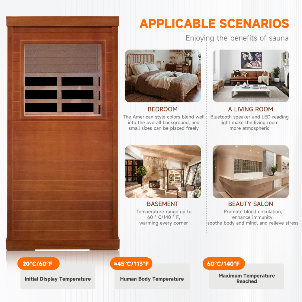 AVAXA 1-Person Indoor Hemlock Infrared Sauna with 5 Far-Infrared Carbon Crystal Heaters Red