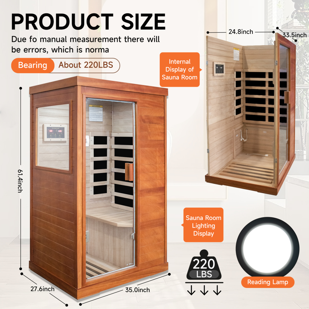 AVAXA 1-Person Indoor Hemlock Infrared Sauna with 5 Far-Infrared Carbon Crystal Heaters Red