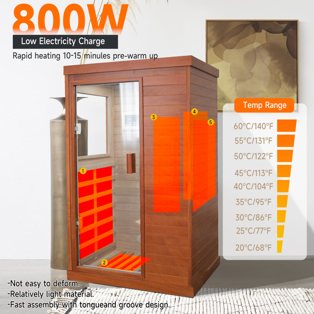 AVAXA 1-Person Indoor Hemlock Infrared Sauna with 5 Far-Infrared Carbon Crystal Heaters Red