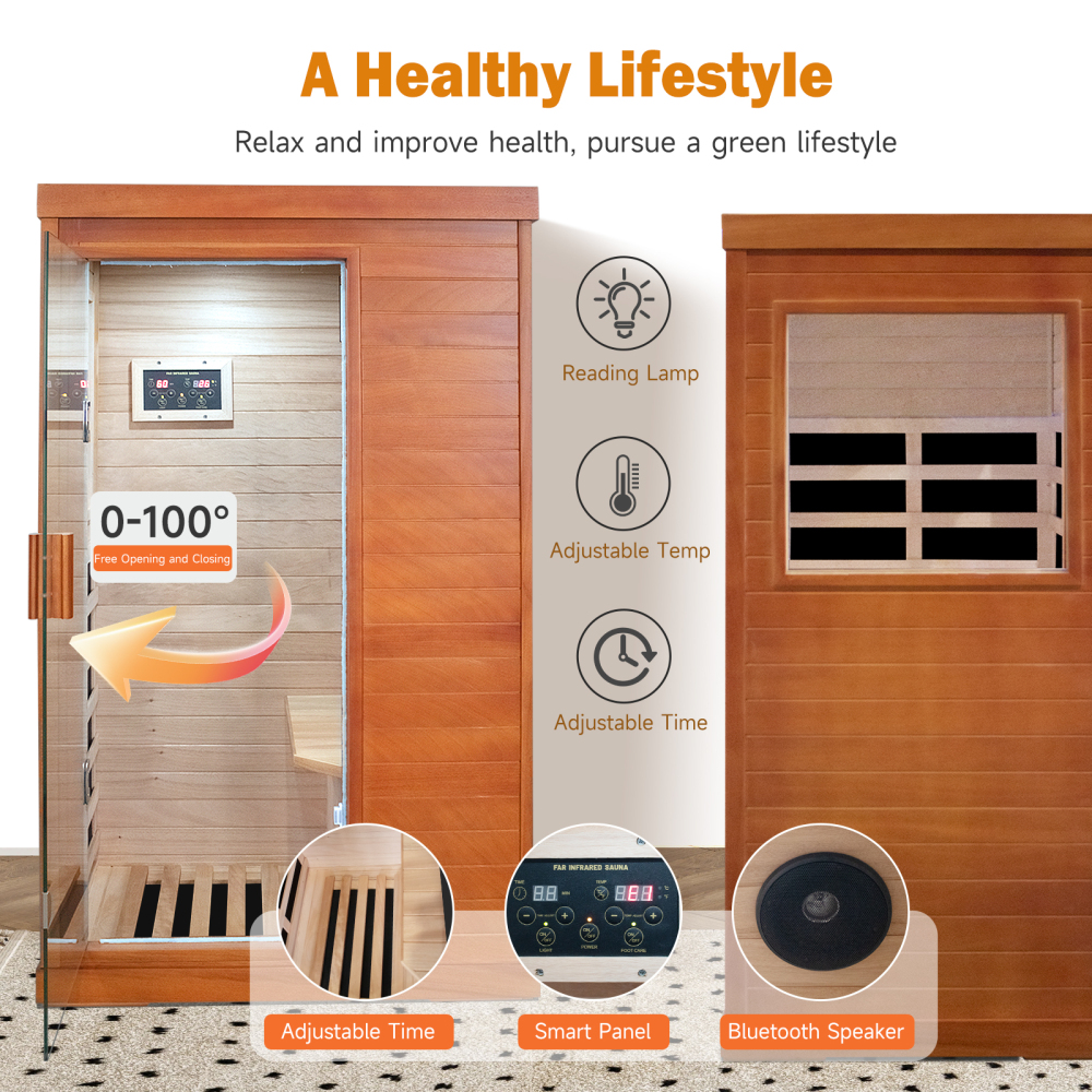 AVAXA 1-Person Indoor Hemlock Infrared Sauna with 5 Far-Infrared Carbon Crystal Heaters Red