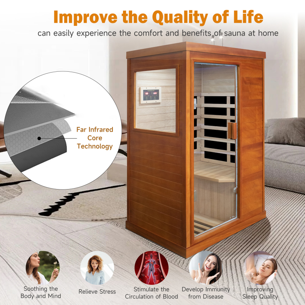 AVAXA 1-Person Indoor Hemlock Infrared Sauna with 5 Far-Infrared Carbon Crystal Heaters Red