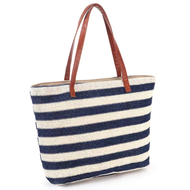 Custom Private Label Logo Personalized Oversize Large Woven Market Women Summer Striped Straw Tote Beach Bag With Zipper