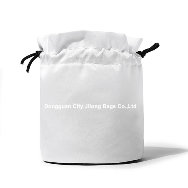 Custom Print Logo Fashion White Silk Satin Drawstring Makeup Pouch Bag Reusable Branded Round Bottom Gift Pouch Bag