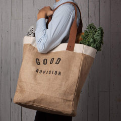 Custom Environmental Friendly Reusable Grocery Ecobag 55% Jute 45% Cotton Canvas Tote Shopping Bag With Leather Handle