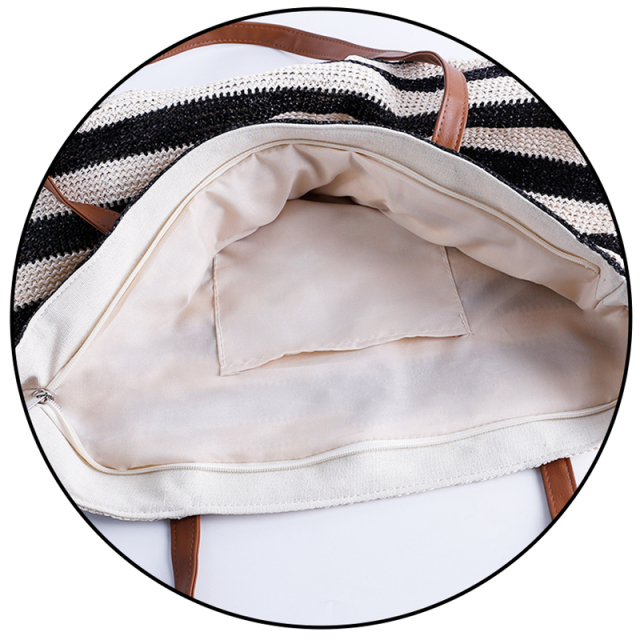 Custom Private Label Logo Personalized Oversize Large Woven Market Women Summer Striped Straw Tote Beach Bag With Zipper