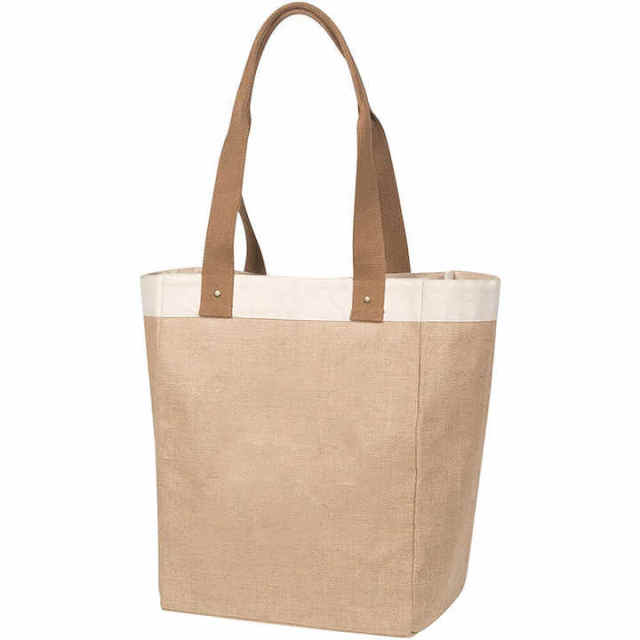 Custom Environmental Friendly Reusable Grocery Ecobag 55% Jute 45% Cotton Canvas Tote Shopping Bag With Leather Handle
