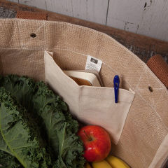 Custom Environmental Friendly Reusable Grocery Ecobag 55% Jute 45% Cotton Canvas Tote Shopping Bag With Leather Handle